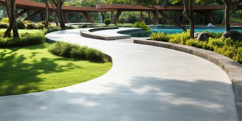 Walkway and landscape in garden, park. Also called path, footpath, pathway or concrete pavement...