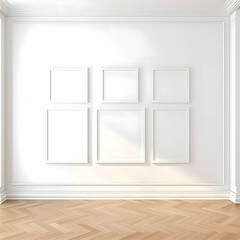 Several photo blank picture frames on parquet floor. High-resolution