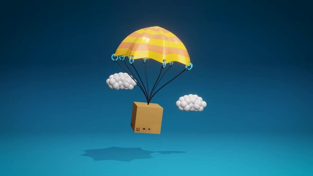 3d animated illustration of flying cardboard with parachute and clouds. looping animation