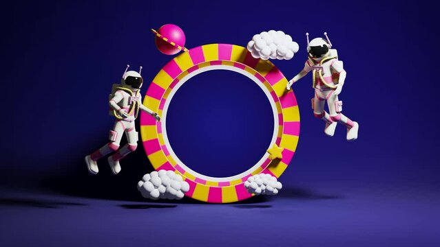 3D animated illustration of an astronaut floating in the air and looking at a rotating circular object. suitable for placing logos for videos