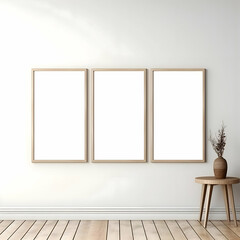 Three photo blank picture frames on parquet floor white wall. Minimalism. High resolution