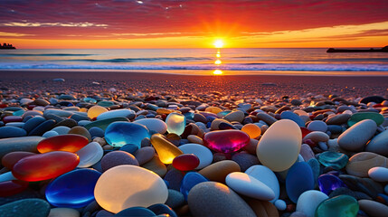 Glass pebble beach sunset. A beautiful beach of and sea shells sea glass made of tumbled glass polished over time by the waves of the ocean into shining pebbles - Generative AI - Powered by Adobe
