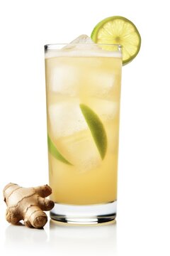 Sparkling Ginger Ale Hard Cider Soda Cocktail. Apple and Ginger Flavored Drink Isolated on White Background