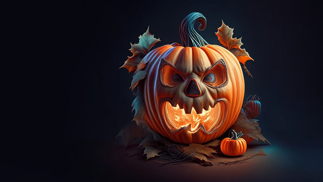 3D Pumpkin ghost lantern with scary eyes located on dead leaves. In Halloween concept in scary black background. 3D rendering, copy space, illustration, digital art