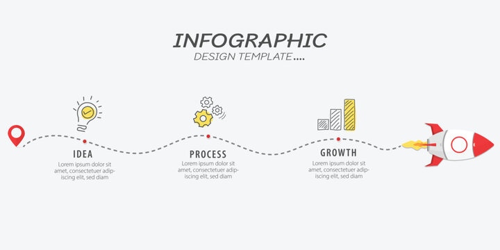 Infographic design template. Timeline concept with 3 options or steps template. layout, diagram, annual, rocket, start up, report, presentation.Vector illustration.