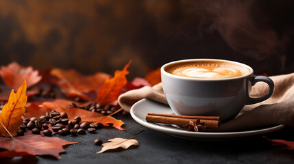cup of coffee with autumn leaves, blurry background, having a cup of warm coffee on an autumn day, banner with copy space, dark background