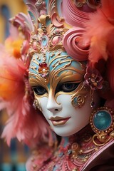 Close-up photo of a person wearing a colourful venetian mask in Venice, Italy - Created with Generative AI technology