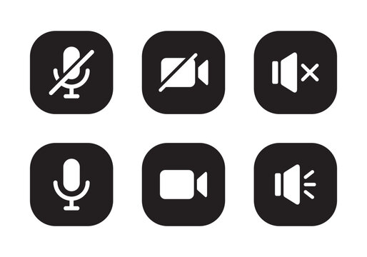 Mute microphone, video cam off, and silent speaker icon vector in black square