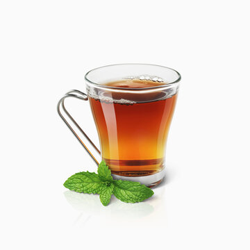 Glass Mug Of Steeped Hot Tea And A Sprig Of Mint Leaves On A White Background; Toronto, Ontario, Canada