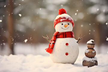 Fototapeta premium Outdoor standing snowman on snow in Christmas holiday theme