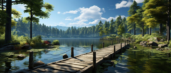 A wooden pier on the river, forest is a background