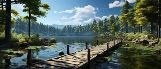 Foto op Canvas A wooden pier on the river, forest is a background © Santy Hong