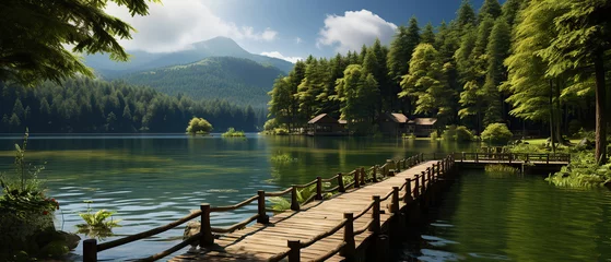 Zelfklevend Fotobehang A wooden pier on the river, forest is a background © Santy Hong
