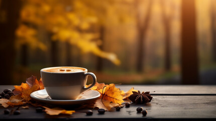 Naklejka na ściany i meble cup of coffee with autumn leaves on a wooden table with a blurry autumn view background, banner with copy space