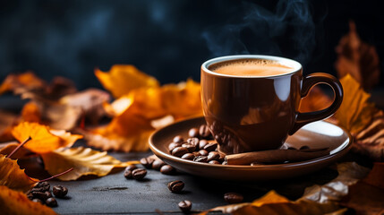 cup of steaming coffee on dark background, autumn leaves, coffee beans, banner with copy space