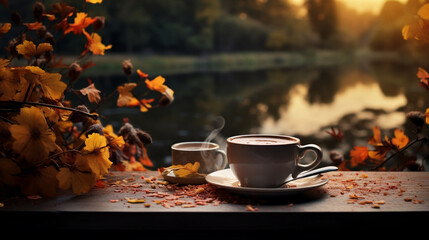 Naklejka na ściany i meble cup of steaming coffee with autumn view, blurry background, having a cup of warm coffee on an autumn day, banner with copy space 