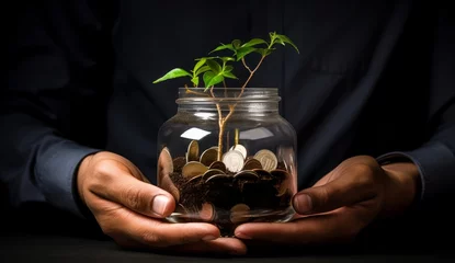 Papier Peint photo Pleine lune Businessman hands holding a glass container full of coins and little plant