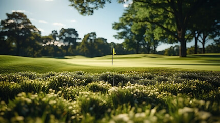 Fototapeta na wymiar Green grass area in golf courses in bright day.
