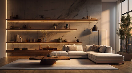 Fototapeta na wymiar Interior Design: Living room with big empty wall.