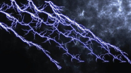Lightnings set, Blue lightning arc electric discharge. Thunderstorm. Heavy storm bringing thunder, lightnings and rain in summer. Branched lightning bolt