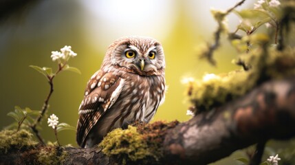 A brown owl on tree branch,  wild animal in the nature habitat.