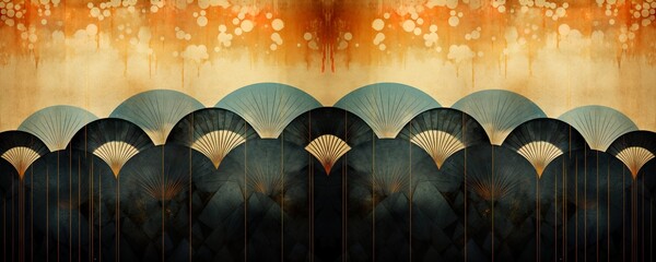 Retro, vintage geometrical shapes and line pattern. Art deco style grunge background, Gold, dark, dark blue colors for a beautiful, grunge, dirty card. Banner, illustration. © Caphira Lescante