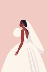 Black Bride In White Dress With Veil And A Bouquet Of Flowers