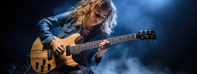 Teenage girl playing guitar on dark background - obrazy, fototapety, plakaty