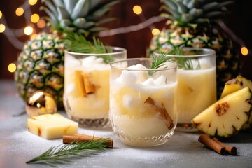 Tasty pineapple cocktail with ice cubes and delicious fruit on table. celebration atmosphere 