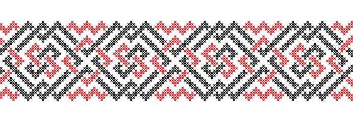 Embroidered two-tone cross-stitch geometric weaving seamless border pattern - obrazy, fototapety, plakaty