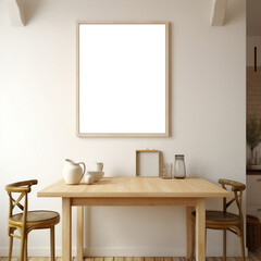 Timeless Elegance: Cream and Beige Kitchen with Blank White Wall Frame Mockup