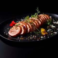 chicken salami on plate with beautiful garnishing