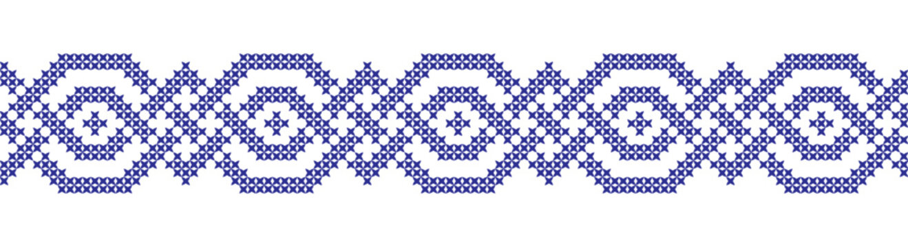 Embroidered cross-stitch geometric weaving seamless border pattern