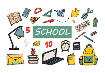 Set of school supplies, items for study. Vector doodle cartoon illustration for stickers, web design, flyers, banners