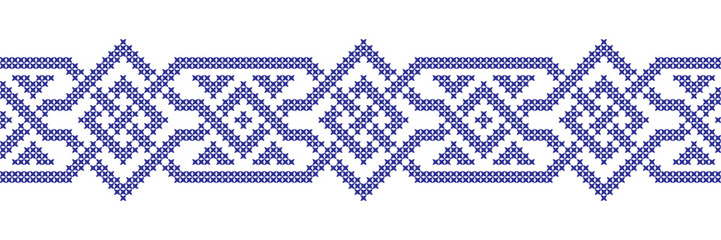 Embroidered cross-stitch geometric weaving seamless border pattern