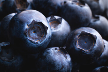 Blueberry berry background. Macro. Fresh blueberry background. Ripe blueberries. Background of freshly picked blueberries, close-up. Blue berries close-up, macro.