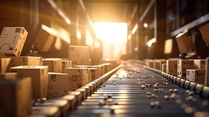 Shipping and Delivery Carton Boxes on Conveyor Belt in Logistics Warehouse