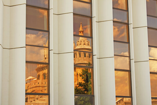 Reflection Of Fisherman's Bastion In A Window In The Castle District Of Budapest; Budapest, Hungary