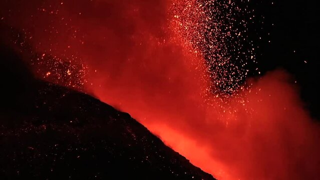Eruption of Mount Etna with very strong explosions of lava and gas seen in detail during the night
