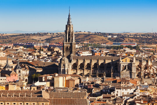 View Over The City To The Gothic Cathedral; Toledo, Toledo Province, Castilla La Mancha, Spain