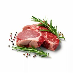 Fresh cut meat with sprig on white background