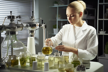 A young girl scientist works in a laboratory. Cosmetology lab assistant preparing organic substance for anti-aging cream