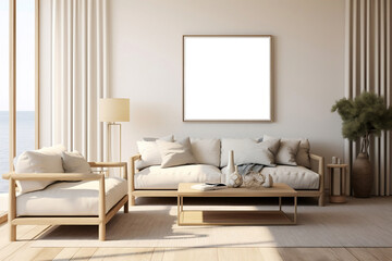 Seaside Elegance: Empty Rectangle Frame Mockup in a Tranquil Coastal Setting