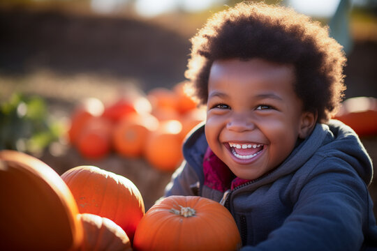 Boy collecting pumpkins in a pumpkin plantation to create Jack-o'-lantern for Halloween.
