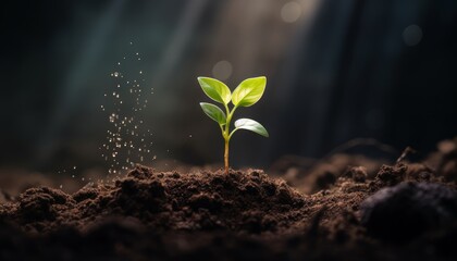 a plant sprouting from a soil - obrazy, fototapety, plakaty