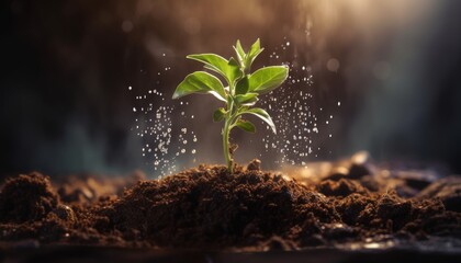 a plant sprouting from a soil closeup shot - obrazy, fototapety, plakaty