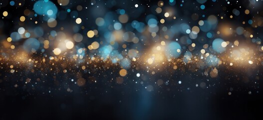 Sparkling bokeh lights in blue and gold for banner.