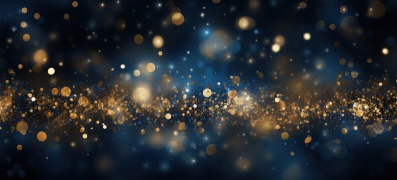 Shiny blue and gold bokeh backdrop for captivating banner.