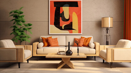 Interior Furniture, Pop art style interior design of modern living room with two beige sofas. Generative Ai