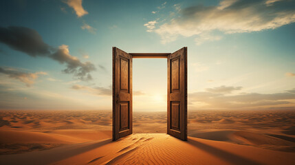 Wooden door opens to a desert sunrise, symbolizing hope, opportunity, and new beginnings.